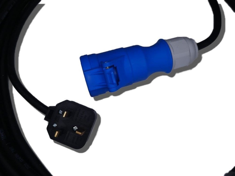 14m 230v 13a plug-top to blue 16amp connector lead