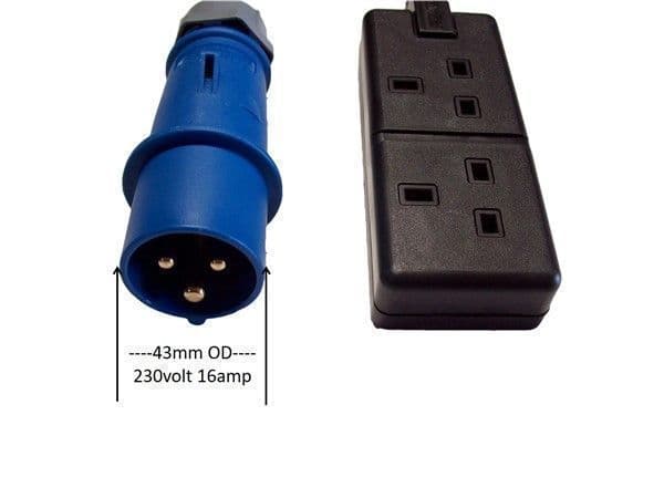 14m 230v 16a blue plug to 2 way 13a socket adaptor